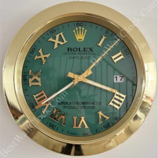 Rolex wall clock with a green face, gold Roman numerals, gold hands, and a gold bezel, displaying the time as 1:39 and the date as 17.