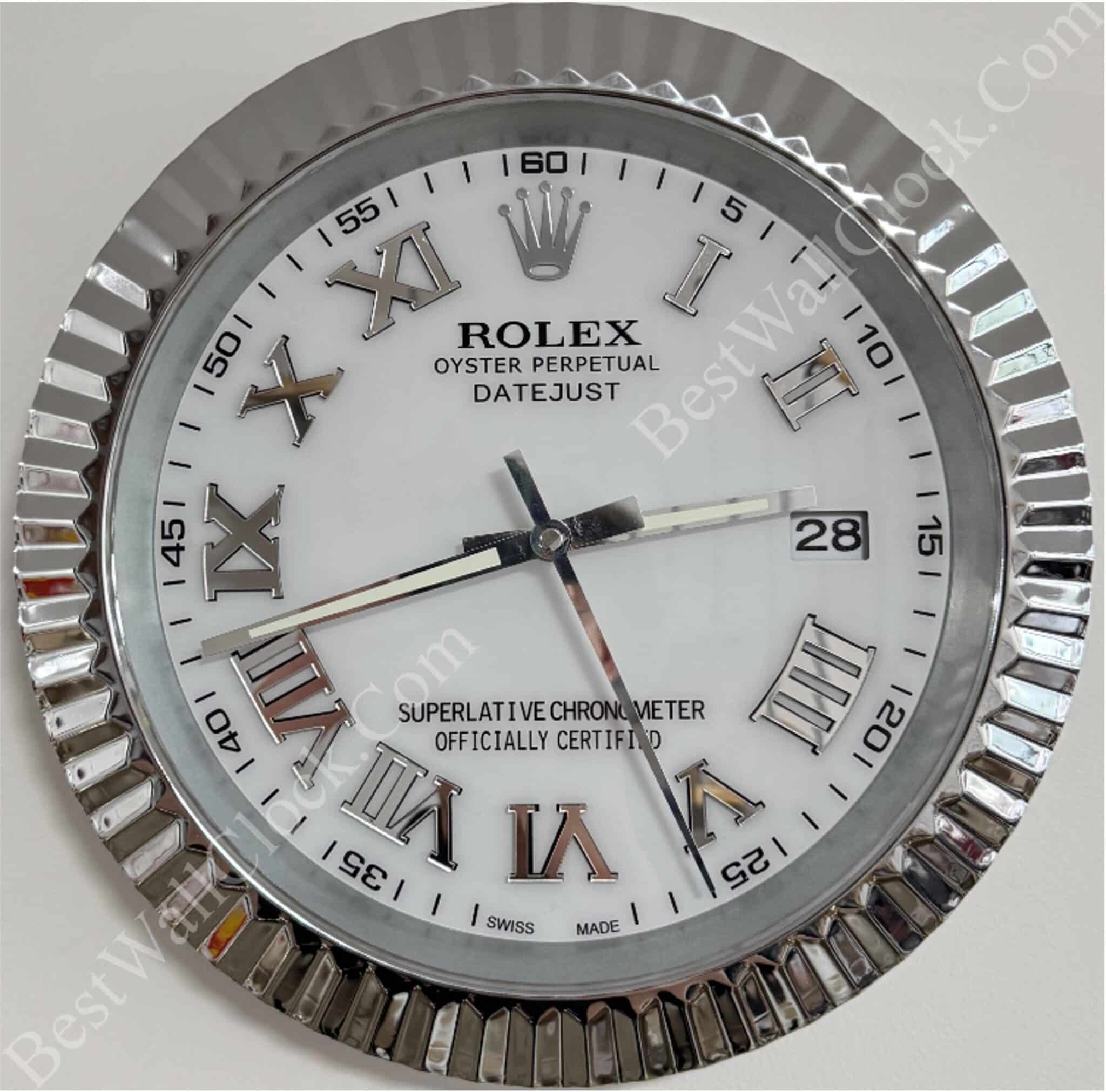 Close-up of a Rolex Datejust watch face with white dial, silver Roman numeral hour markers, date window showing 28, silver fluted bezel, and silver hour, minute, and second hands
