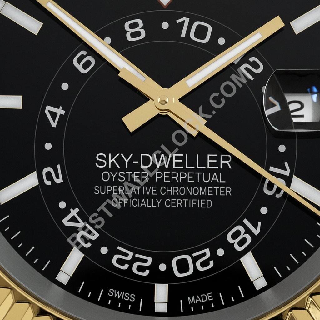 Rolex Sky-Dweller "Goud & Zwart" Stijl – Dealer Display Wandklok (Geribbelde Bezel) - Afbeelding 2