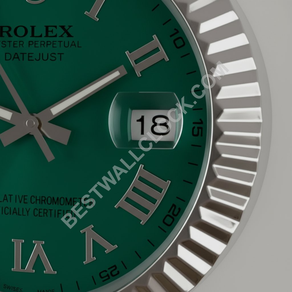 Rolex Datejust Style – Dealer Display Wall Clock (Green Roman Fluted Silver) - Image 2