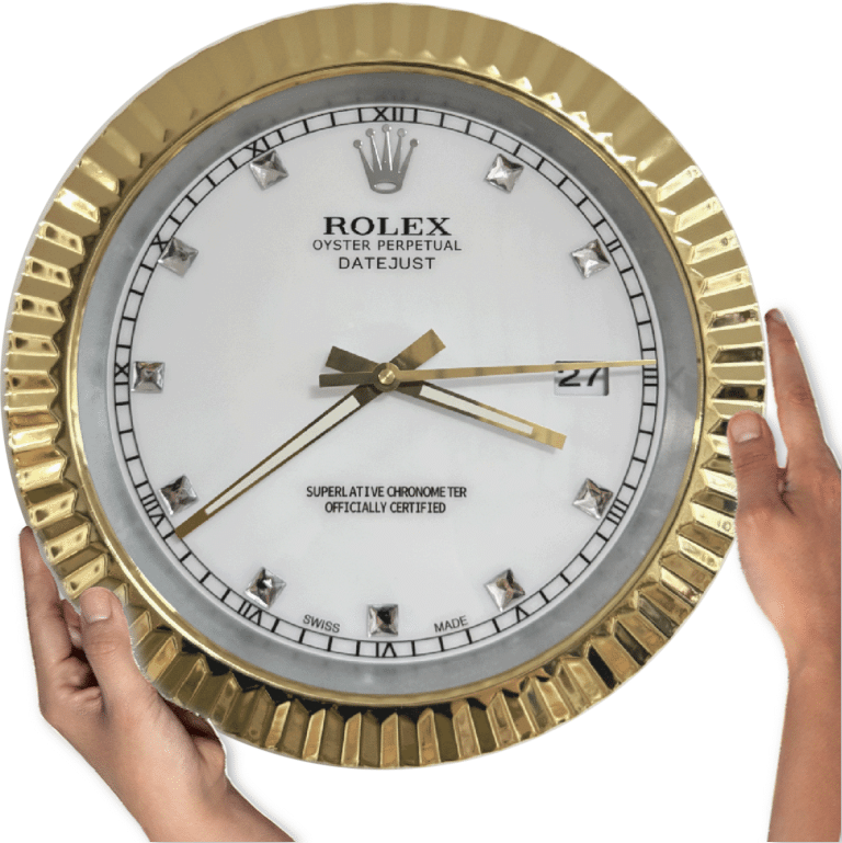 Hands holding a large gold-framed Rolex wall clock showing the time as 3:39 with a white clock face and diamond-shaped hour markers.