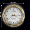 Round Rolex Oyster Perpetual Datejust clock with a gold fluted bezel, white dial, diamond hour markers, and gold hands showing 4:35:42, with dimensions 14 inches (35 cm) diameter and 1.2 kg (2.61 lb) weight indicated on a black background.