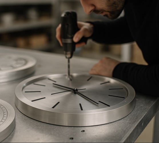Person using a drill on the center of a modern silver wall clock placed on a metallic surface.
