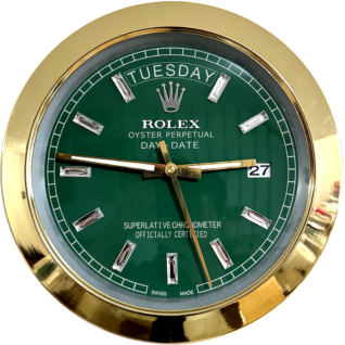 Close-up of a Rolex Oyster Perpetual Day-Date watch with a green dial, gold bezel, diamond hour markers, and displaying Tuesday the 27th