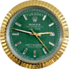 Close-up of a Rolex Oyster Perpetual Day-Date watch face with a green dial, gold bezel, diamond hour markers, showing tirsdag and the date 27, with gold hands indicating the time 9:14:28.