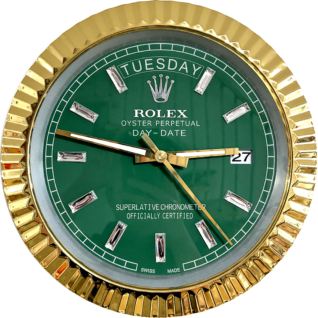 Close-up of a Rolex Oyster Perpetual Day-Date watch face with a green dial, gold bezel, diamond hour markers, showing Tuesday and the date 27, with gold hands indicating the time 9:14:28.
