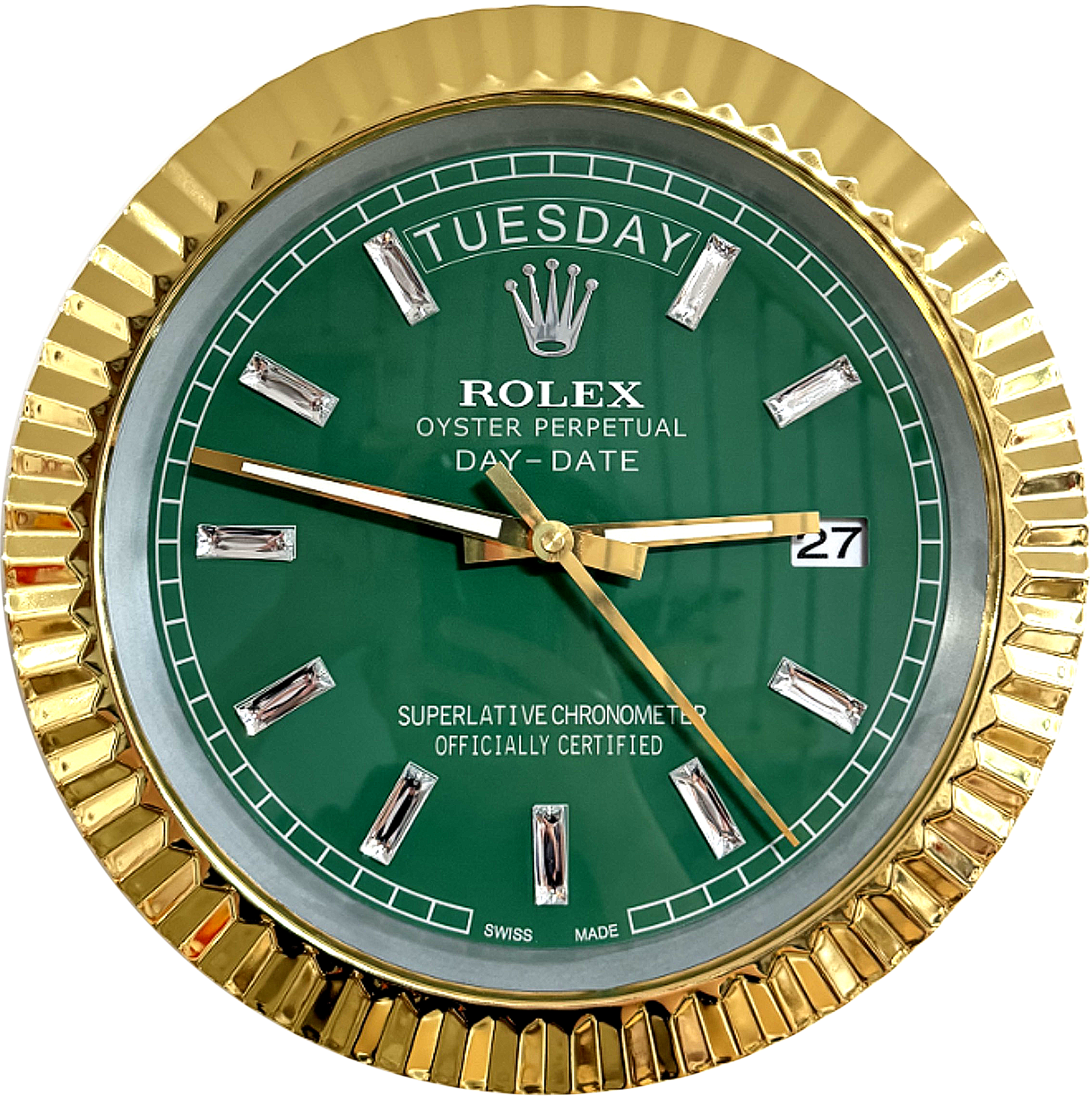 Close-up of a Rolex Oyster Perpetual Day-Date watch face with a green dial, gold bezel, diamond hour markers, showing Dinsdag and the date 27, with gold hands indicating the time 9:14:28.