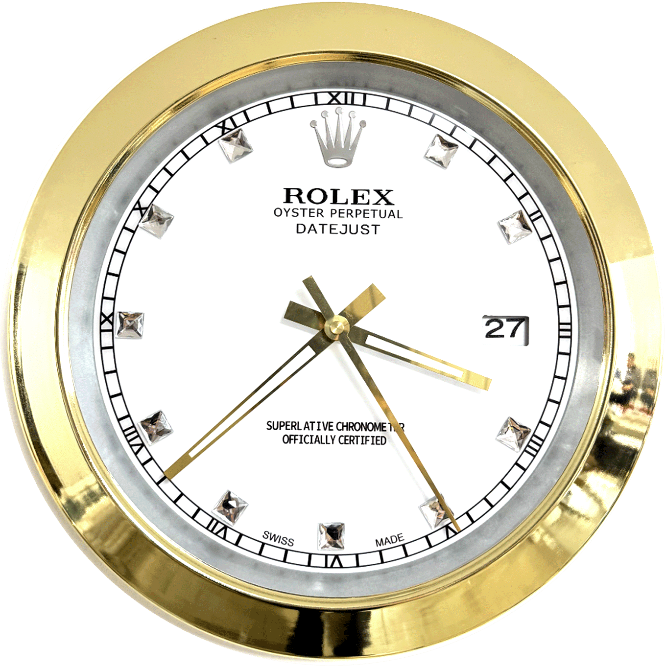Close-up of a Rolex Oyster Perpetual Datejust clock with a golden frame, white dial, diamond hour markers, and gold hands showing the time as approximately 3:39:27.