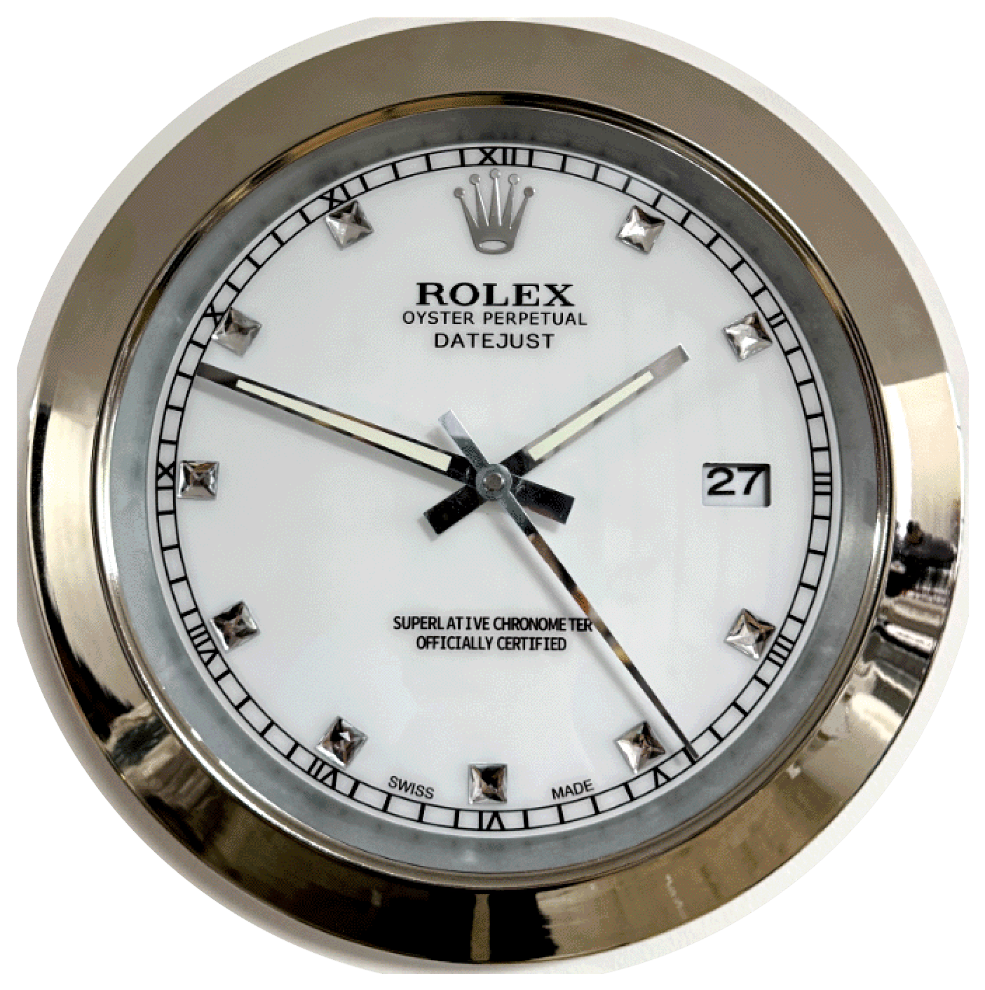 Close-up of a Rolex Oyster Perpetual Datejust watch face with silver diamond-shaped hour markers, Roman numerals around the edge, a date window showing "27", and silver watch hands indicating the time as 9:51:24.