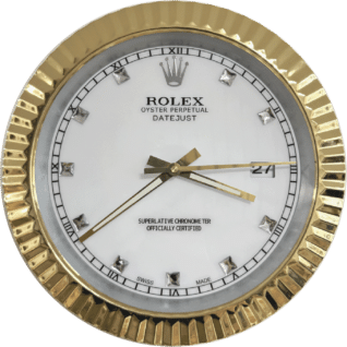 Rolex Oyster Perpetual Datejust watch face with gold outer rim, white dial, silver hour markers, and gold hands showing the time at 3:40:15 and a date window displaying 27.