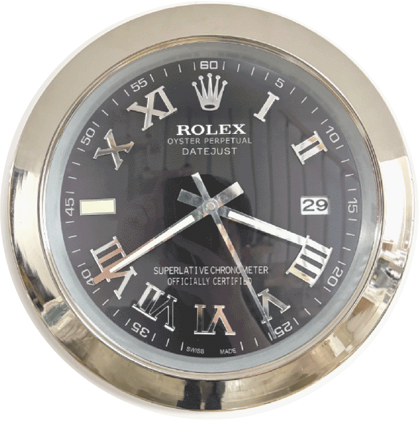 Round Rolex Oyster Perpetual Datejust clock with a black face, silver Roman numerals, silver hands, date display at 3 o'clock, and a reflective silver bezel.