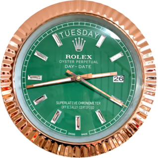 Close-up of a Rolex Oyster Perpetual Day-Date watch with a green dial, displaying the day as Tuesday and the date as 26, featuring a rose gold fluted bezel and diamond hour markers.