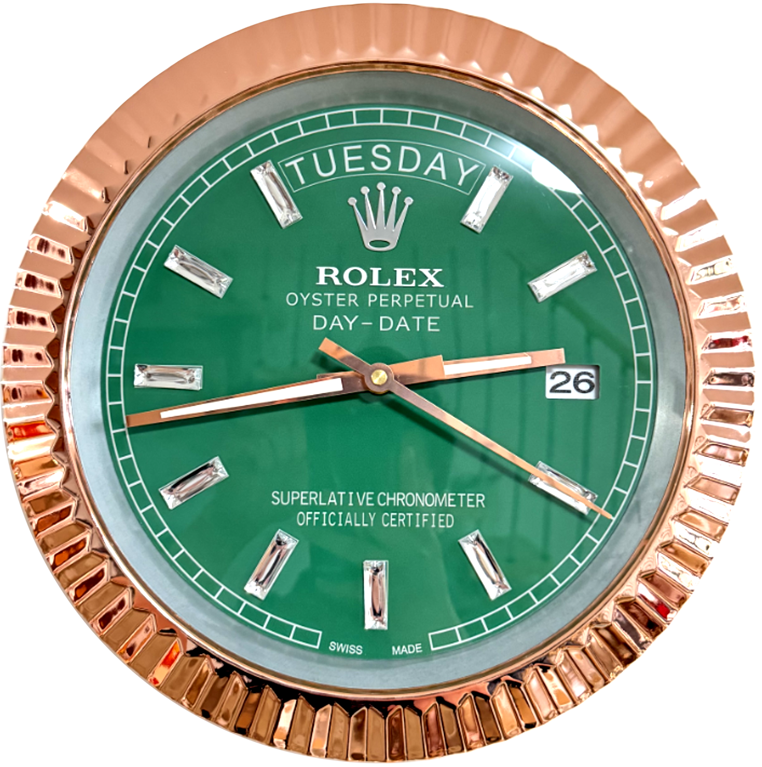 Close-up of a Rolex Oyster Perpetual Day-Date watch with a green dial, displaying the day as Tuesday and the date as 26, featuring a rose gold fluted bezel and diamond hour markers.