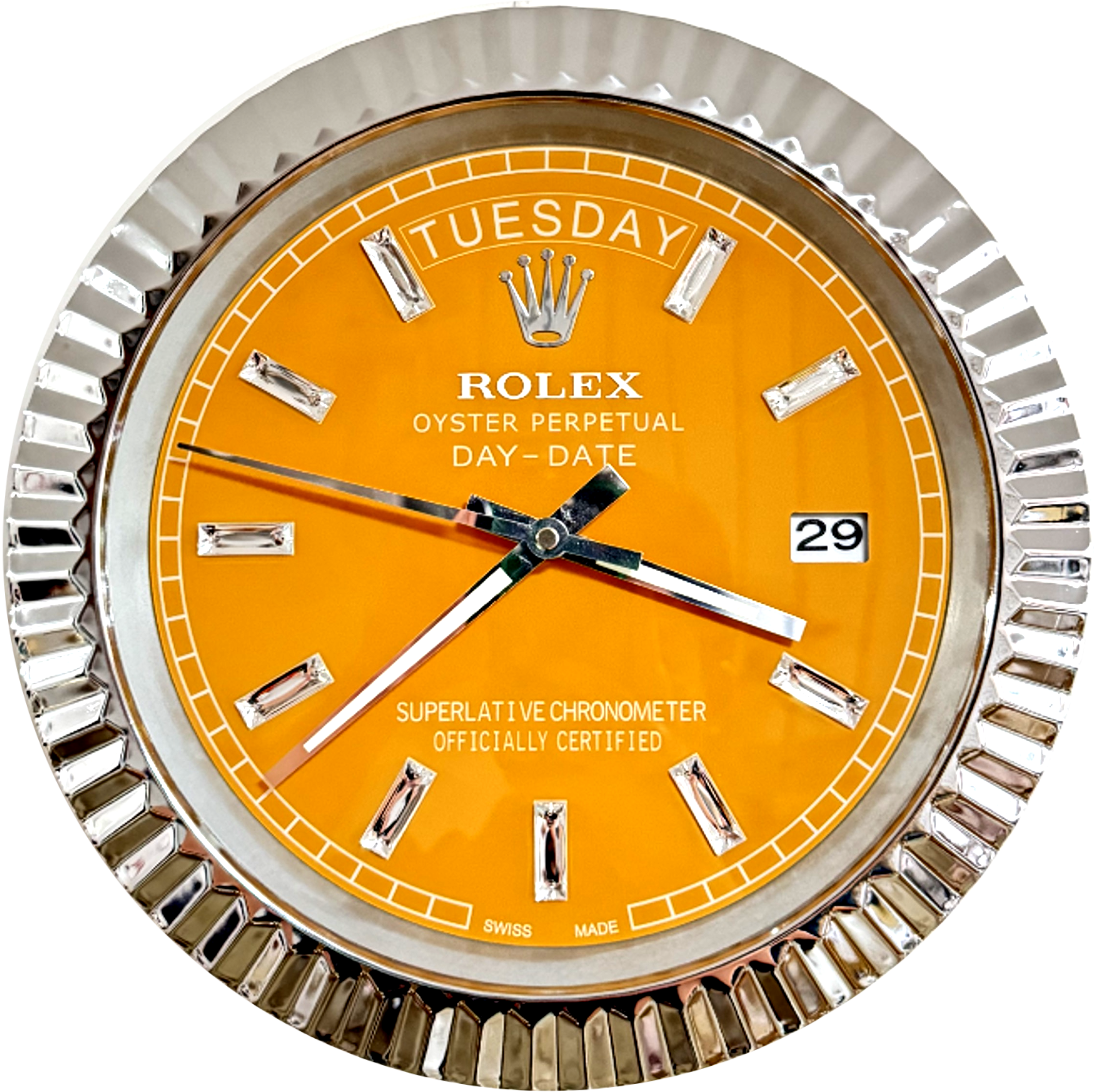 Close-up of a Rolex Oyster Perpetual Day-Date watch with an orange dial, silver hour markers, and a silver fluted bezel showing the day as tirsdag and the date as 29.