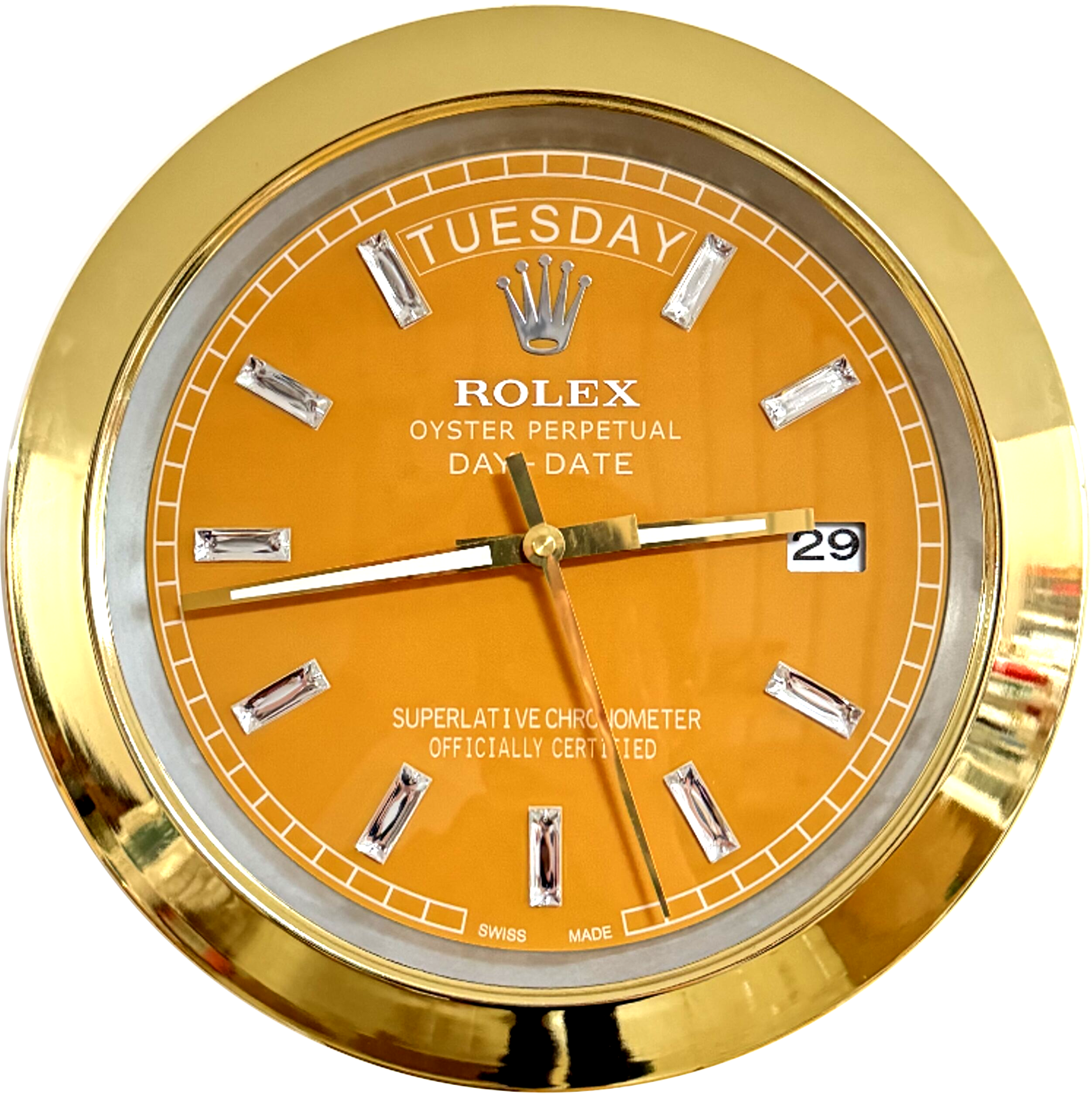 Close-up of a gold-framed Rolex Oyster Perpetual Day-Date watch with an orange dial showing the day as tirsdag and the date as 29.