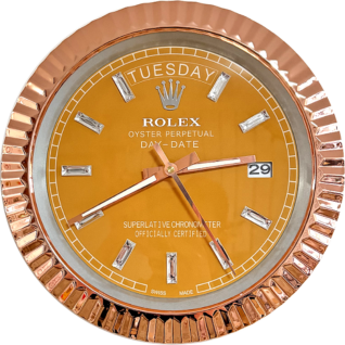 Close-up of an orange Rolex Oyster Perpetual Day-Date watch face with diamond hour markers, rose gold bezel, displaying Martedì as the day and 29 as the date, with rose gold hour, minute, and second hands.