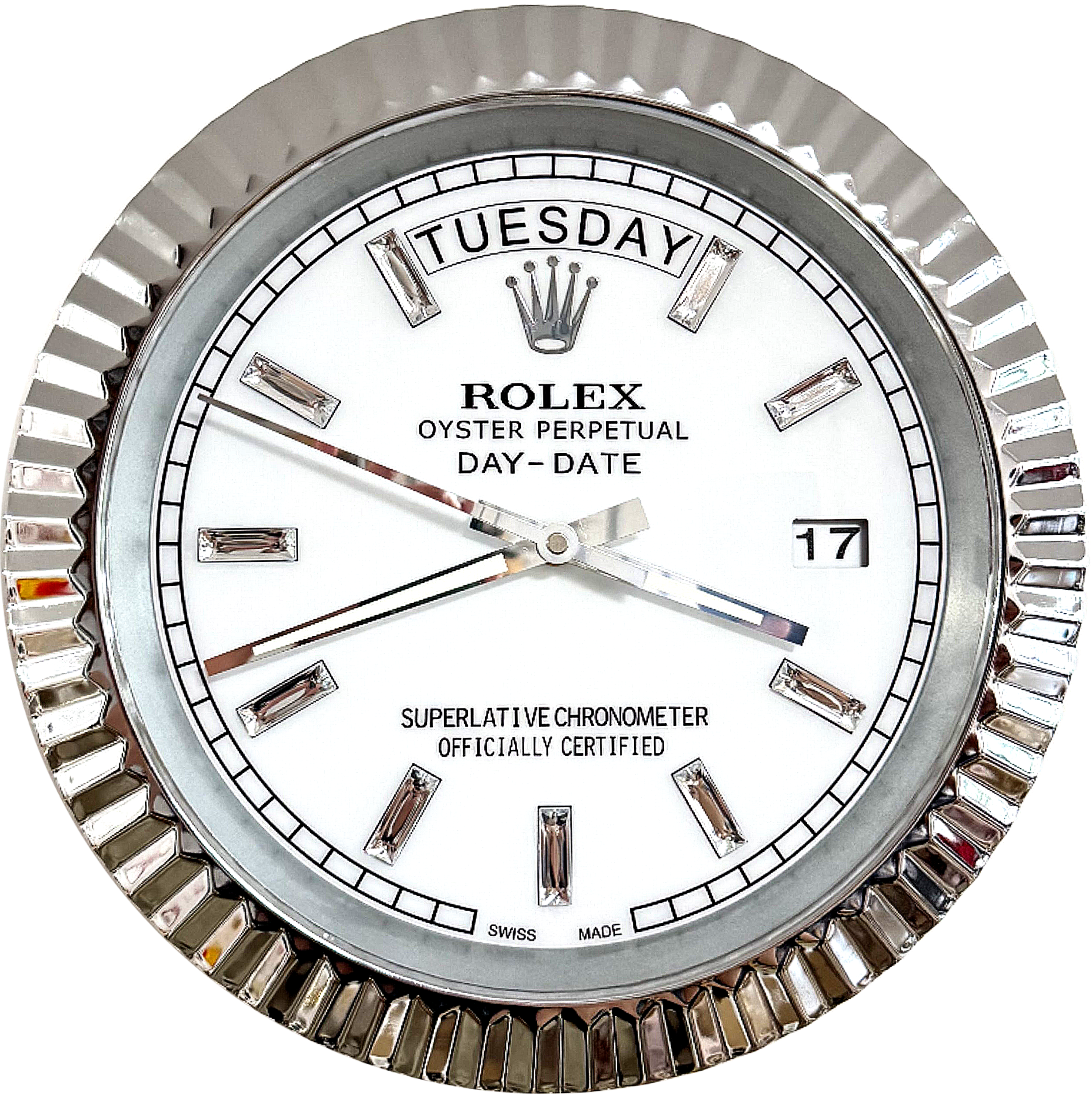 Close-up of a Rolex Oyster Perpetual Day-Date watch face with a fluted bezel, white dial, diamond hour markers, date window showing 17, and day display reading Salı