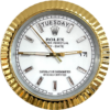 Close-up of a Rolex Oyster Perpetual Day-Date watch face with a gold bezel, white dial, diamond hour markers, displaying Salı and the date 17, and gold hour, minute, and second hands.