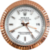 Close-up of a Rolex Oyster Perpetual Day-Date watch face with a rose gold fluted bezel, white dial, diamond hour markers, displaying martes and the 16th, and hands showing approximately 3:39:27.