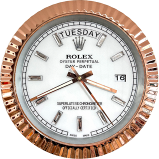 Close-up of a Rolex Oyster Perpetual Day-Date watch face with a rose gold fluted bezel, white dial, diamond hour markers, displaying Martedì and the 16th, and hands showing approximately 3:39:27.