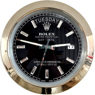 Close-up of a Rolex Oyster Perpetual Day-Date watch with a black dial, diamond hour markers, silver hands showing 9:15:33, day display showing יום שלישי, and date display showing 17, set in a gold bezel.