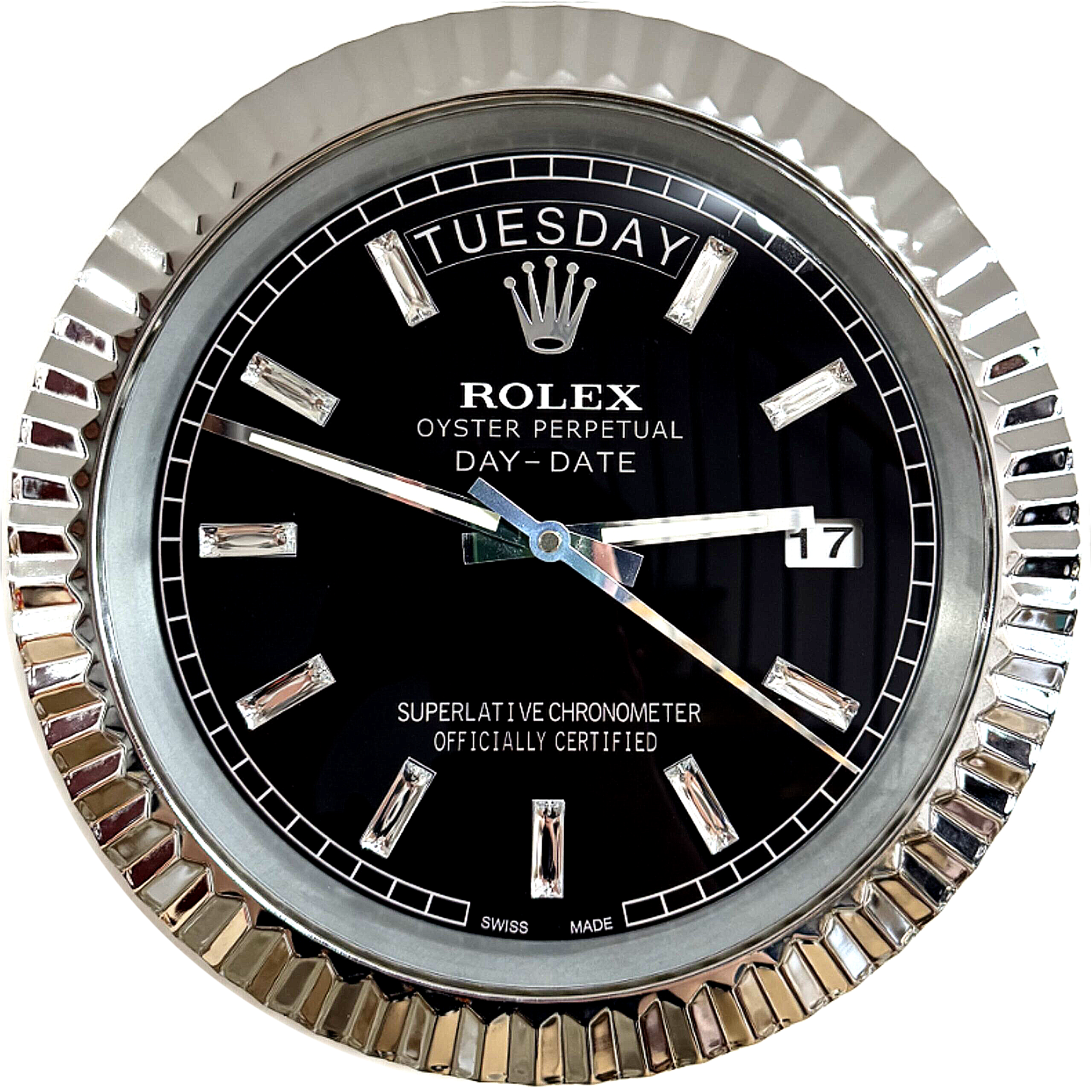 Close-up of a Rolex Oyster Perpetual Day-Date watch face with a black dial, silver hour markers with diamond accents, displaying Dinsdag and the date 17, with silver fluted bezel.