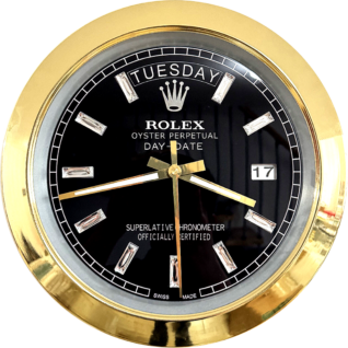 Close-up of a Rolex Oyster Perpetual Day-Date wall clock with a black dial, diamond hour markers, gold hands, gold outer rim, displaying Tuesday and the date 17.