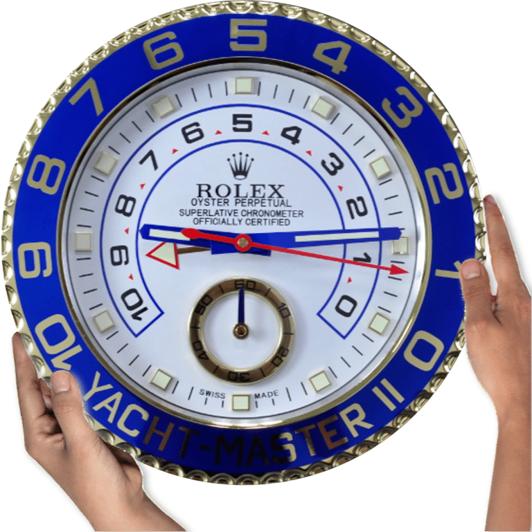 Hands holding a round Rolex Yacht-Master II clock with a blue and white face and gold numbers around the edge.