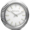Rolex wall clock with a white dial, fluted silver bezel, luminous markers, sleek hands, and elegant design, combining luxury and simplicity.