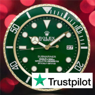 Rolex Submariner wall clock featuring green dial and bezel with gold indented outer edge, Mercedes hands, luminous markers, and date display.