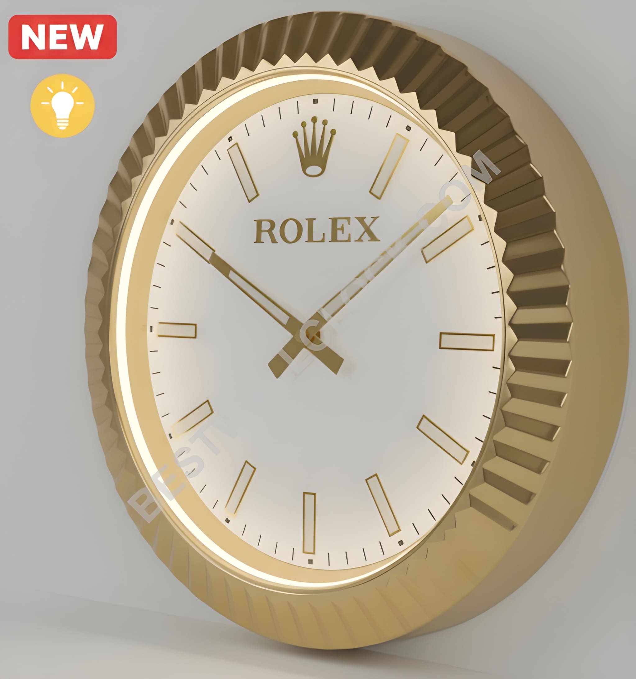 Reloj de pared "Iluminado" estilo presidencial para exhibición de concesionarios – Bezel acanalado dorado y blanco (dimmable por USB)