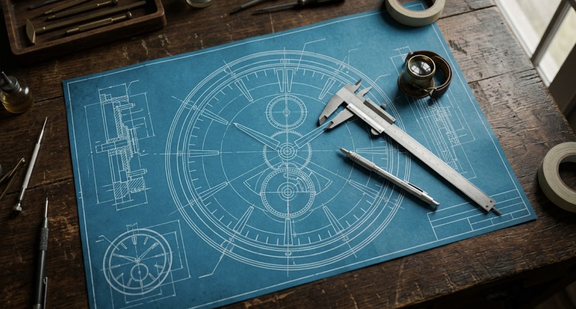 highly detailed top-down shot of a watchmaker's vintage oak drafting desk at bestwallclock studio
