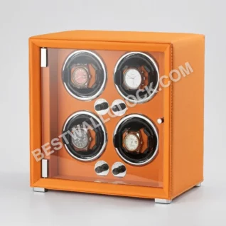 Premium Watch Winder for Automatic Calibers - Orange Pebble Leather & Chrome, 4 Slots