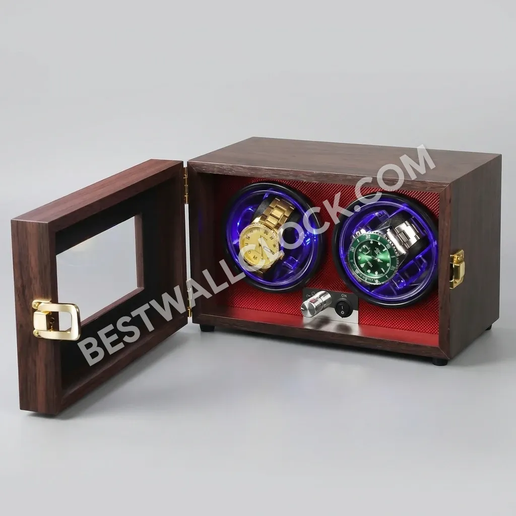 Premium Dual Watch Winder – Walnut Grain with Crimson Carbon & LED Illumination