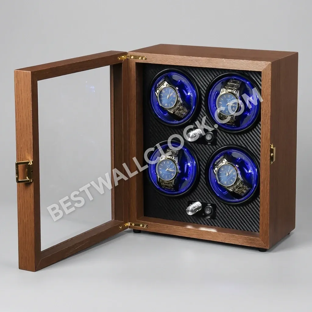 Premium Quad Watch Winder - Natural Wood Finish with Carbon Fiber Interior - 29cm
