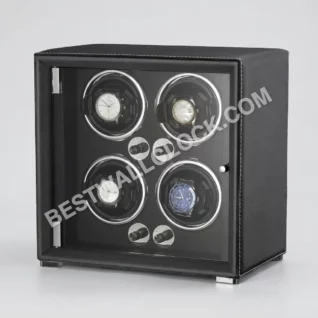 Premium Quad Watch Winder - Black Pebble Leather & Contrast Stitching (30x19x29cm)