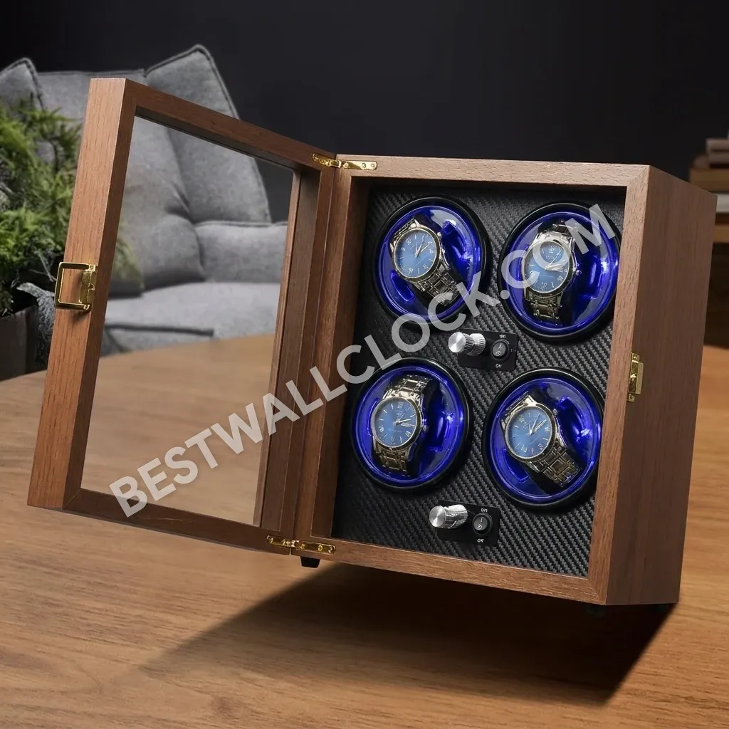 Premium Quad Watch Winder - Natural Wood Finish with Carbon Fiber Interior - 29cm - Image 4