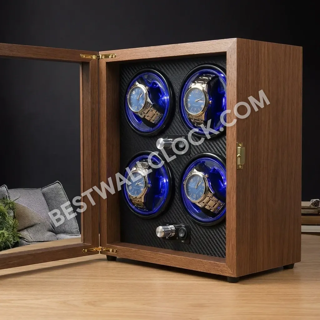 Premium Quad Watch Winder - Natural Wood Finish with Carbon Fiber Interior - 29cm - Image 5