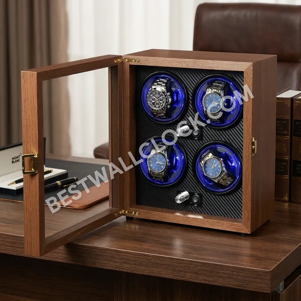 Premium Quad Watch Winder - Natural Wood Finish with Carbon Fiber Interior - 29cm - Image 6