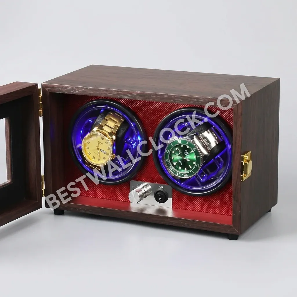 Premium Dual Watch Winder – Walnut Grain with Crimson Carbon & LED Illumination - Image 2